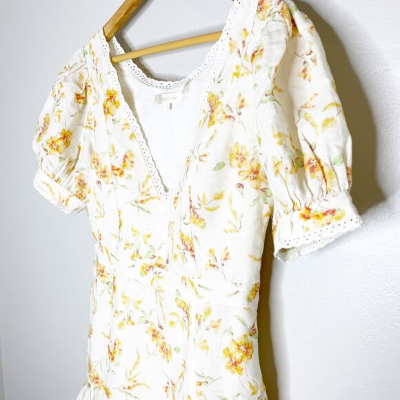 LoveShackFancy Lena Cream Yellow Floral Linen Mini Dress Medium - Picture 5 of 11